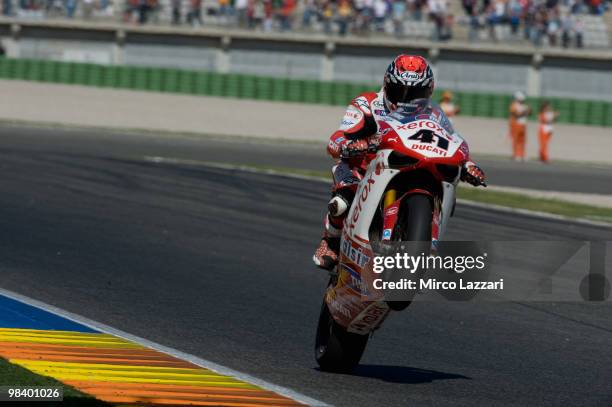 Noriyuki Haga of Japan and Ducati Xerox celebrates victory at the end of race 2 of the Superbike Grand Prix Of Valencia at Comunitat Valenciana...