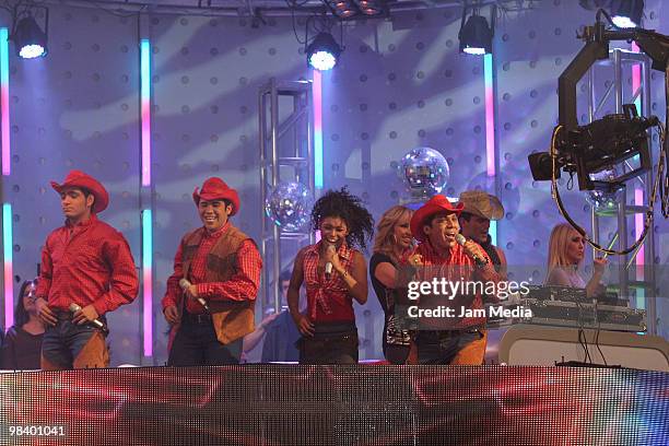 Oscar, Mike, Alba and Daniel perform during a concert for the new reality show 'Second Chance' of Azteca TV at the Churubusco studios on April 11,...