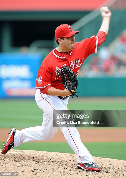 Joe Saunders of the Los Angeles Angels of Anaheim pitches against the Oakland Athletics at Angel Stadium of Anaheim on April 11, 2010 in Anaheim,...