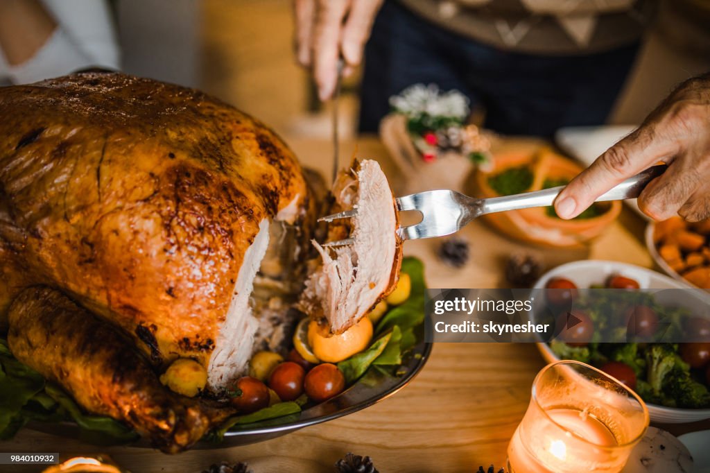 Close up of unrecognizable man carving roasted Thanksgiving turkey.