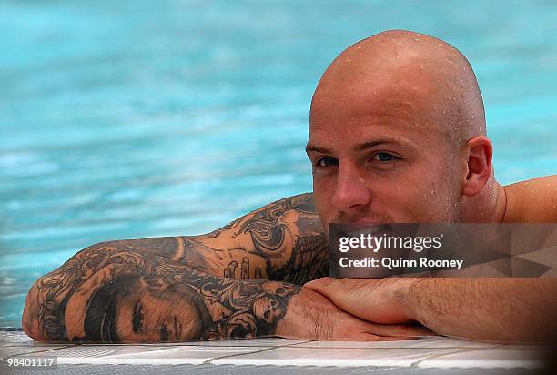 Nathan Jones of the Demons relaxes in the hydrobath pool during a Melbourne Demons AFL recovery session at the Melbourne Sports and Aquatics Centre...