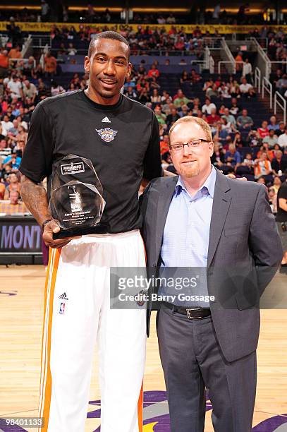 Amare Stoudemire of the Phoenix Suns is presented the Kia Western Conference Player of the Month Award for March by David Griffin, Phoenix Suns...