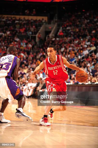 Kevin Martin of the Houston Rockets drives against Jason Richardson of the Phoenix Suns in an NBA Game played on April 11, 2010 at U.S. Airways...