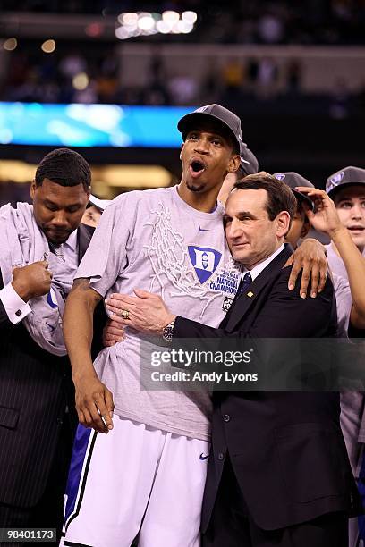 Head coach Mike Krzyzewski and Lance Thomas of the Duke Blue Devils celebrate after they won 61-59 against the Butler Bulldogs during the 2010 NCAA...