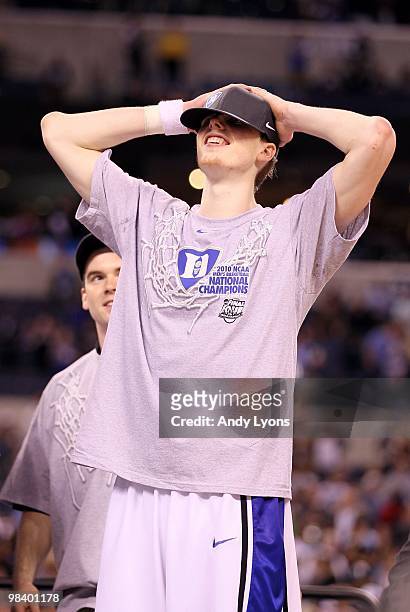 Kyle Singler of the Duke Blue Devils reacts as he celebrates after Duke won 61-59 against the Butler Bulldogs during the 2010 NCAA Division I Men's...