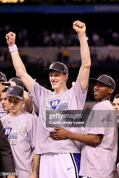 Kyle Singler and Nolan Smith of the Duke Blue Devils reacts as he celebrates after Duke won 61-59 against the Butler Bulldogs during the 2010 NCAA...