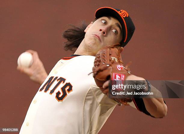 Tim Lincecum of the San Francisco Giants pitches against the Atlanta Braves during an MLB game at AT&T Park on April 11, 2010 in San Francisco,...
