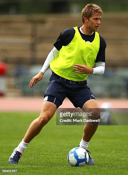 Adrian Leijer of the Victory controls the ball during a Melbourne Victory A-League training session at Olympic Park on April 12, 2010 in Melbourne,...