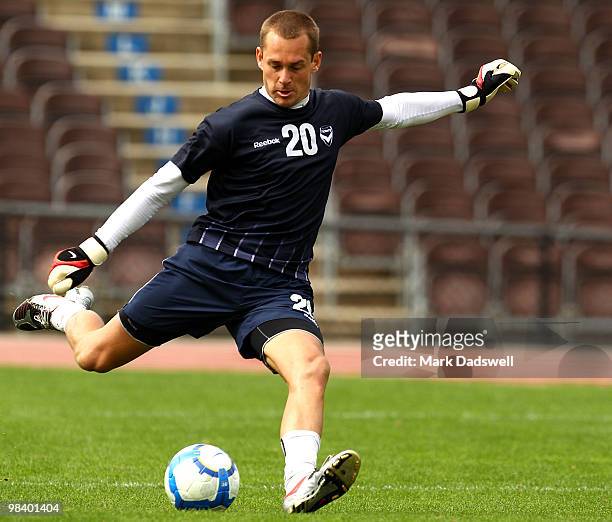 Glen Moss of the Victory passes the ball during a Melbourne Victory A-League training session at Olympic Park on April 12, 2010 in Melbourne,...