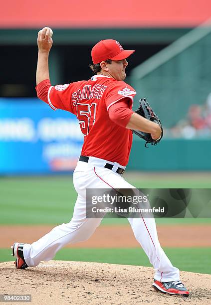 Joe Saunders of the Los Angeles Angels of Anaheim pitches against the Oakland Athletics at Angel Stadium of Anaheim on April 11, 2010 in Anaheim,...