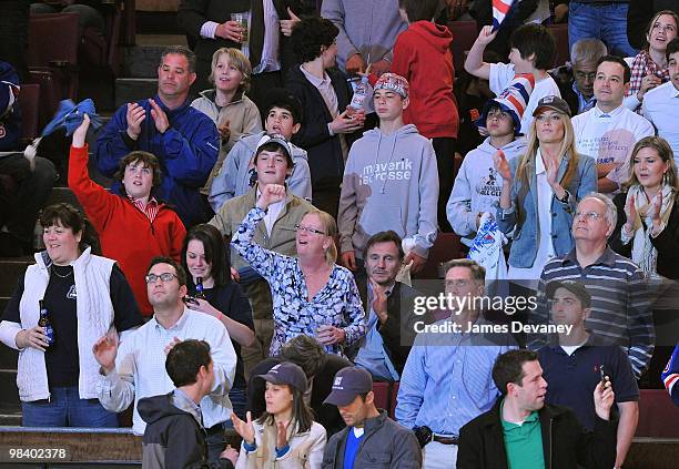 Daniel Neeson, Michael Neeson, Liam Neeson and Jennifer Ohlsson attend a game between the Philadelphia Flyers and the New York Rangers at Madison...