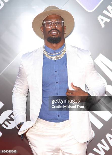 Von Miller arrives to the NBA Awards Show 2018 held at Barker Hangar on June 25, 2018 in Santa Monica, California.