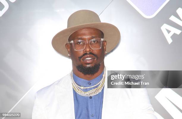 Von Miller arrives to the NBA Awards Show 2018 held at Barker Hangar on June 25, 2018 in Santa Monica, California.