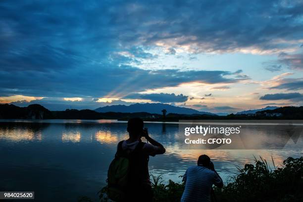 Sunset glow by the shijiang river in xinshao county, shaoyang city, hunan province, China, on the evening of June 25, 2018.