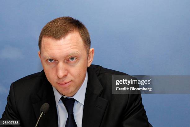 Oleg Deripaska, chief executive officer of United Co. Rusal Plc, attends the company's 2009 annual results news conference in Hong Kong, China, on...