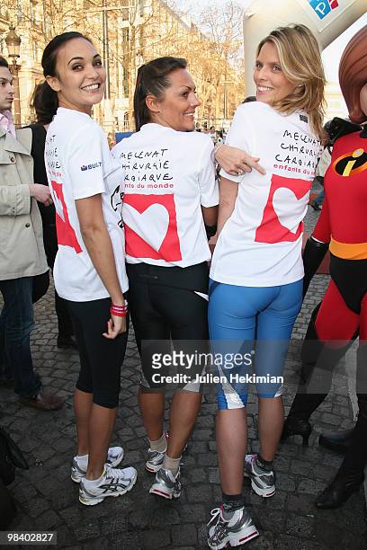 Valerie Begue, Hermine de Clermont-Tonnerre and Sylvie Tellier pose for the 'Mecenat Chirurgie Cardiaque' association before the start of the Paris...