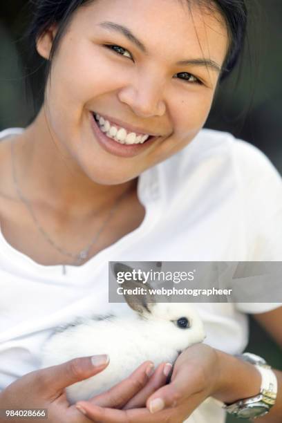 asian woman holding bunny - rabbit burrow stock pictures, royalty-free photos & images