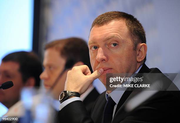 Oleg Deripaska , CEO of Russian metals giant UC Rusal, takes part in a press conference to announce the company's 2009 annual results in Hong Kong on...