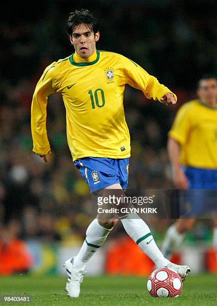 Brazilian striker Kaka in action during the international friendly football match against Republic of Ireland on March 2, 2010 at the Emirates...