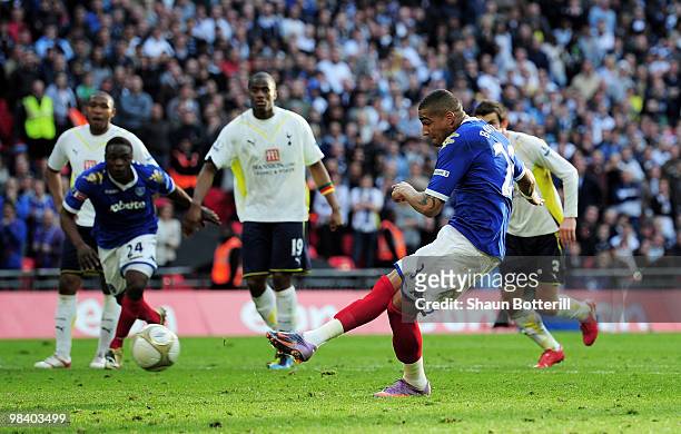 Kevin-Prince Boateng of Portsmouth scores from the penalty spot during the FA Cup sponsored by E.ON Semi Final match between Tottenham Hotspur and...