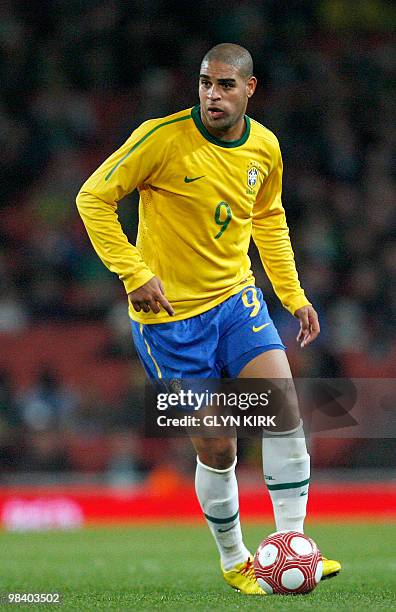 Brazilian striker Adriano in action during the international friendly football match against Republic of Ireland on March 2, 2010 at the Emirates...