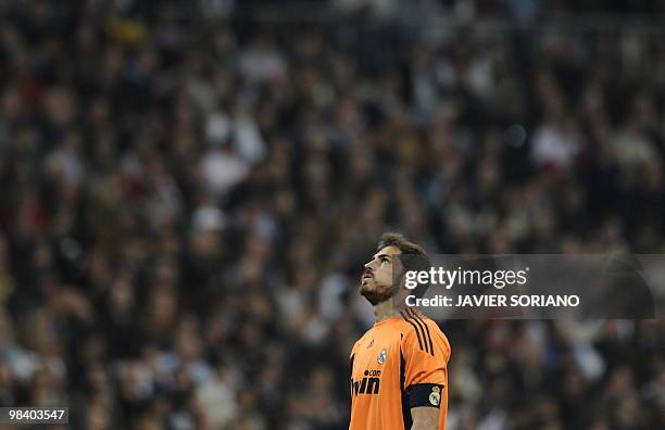 Real Madrid's goalkeeper Iker Casillas reacts during the 'El Clasico' Spanish League football match Real Madrid against Barcelona at the Santiago...