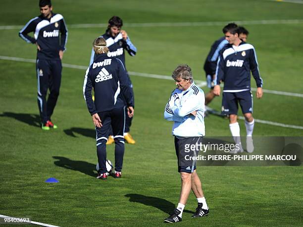 Real Madrid's coach Manuel Pellegrini attends a training session in Madrid on April 12, 2010. Manuel Pellegrini, having splashed out over 250 million...
