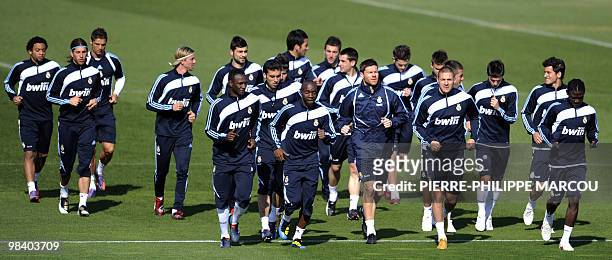 Real Madrid's players attend a training session in Madrid on April 12, 2010. Real Madrid's coach Manuel Pellegrini, having splashed out over 250...