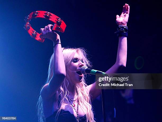 Taylor Momsen of Pretty Reckless performs at the VANS Warped Tour 2010 press conference and kick-off party held at the Key Club on April 9, 2010 in...