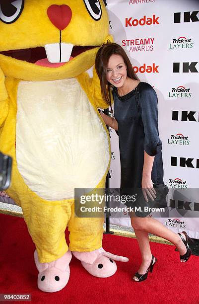 Actress Samantha Droke and Cuddles the Bunny attend the second annual Streamy Awards at the Orpheum Theater on April 11, 2010 in Los Angeles,...