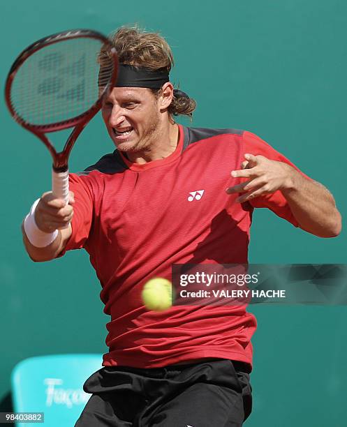 Agentinian David Nalbandian hits a return to his German opponent Andreas Beck during the Monte-Carlo ATP Masters Series Tournament tennis match, on...