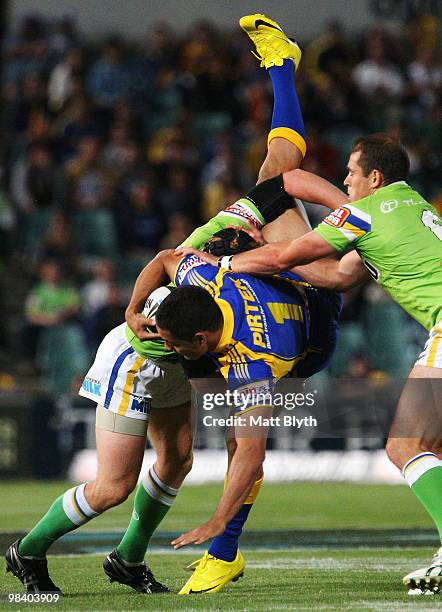 Jarryd Hayne of the Eels is tackled during the round five NRL match between the Parramatta Eels and the Canberra Raiders at Parramatta Stadium on...