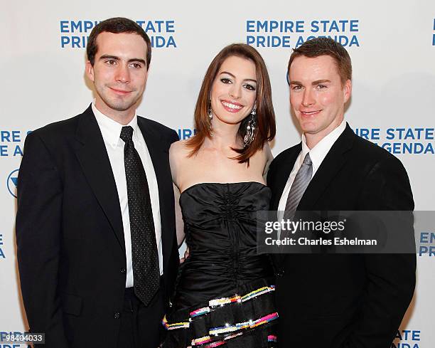 Actress Anne Hathaway with her brothers Thomas Hathaway and Michael Hathaway attend the 18th Annual Empire State Pride Agenda Fall Dinner at the...