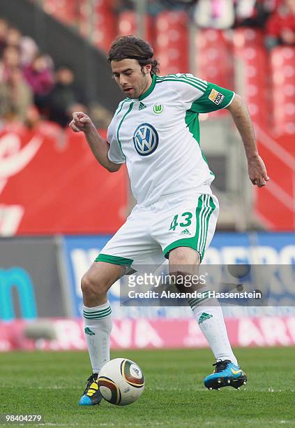 Andrea Barzagli of Wolfsburg runs with the ball during the Bundesliga match between 1. FC Nuernberg and VfL Wolfsburg at Easycredit Stadium on April...