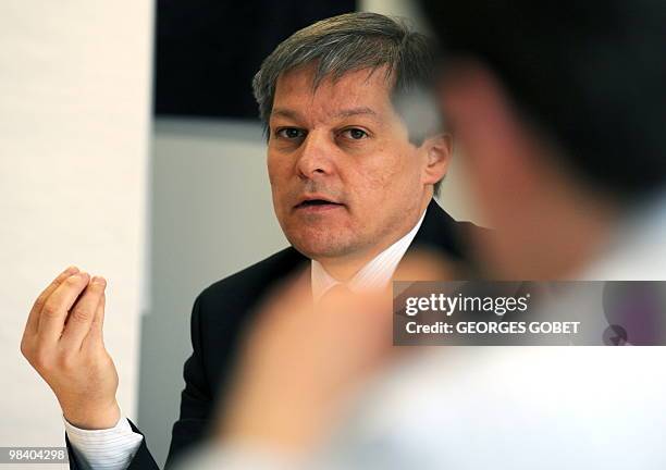 Commssioner for Agriculture and Rural Development Dacian Ciolos gestures during a press briefing on April 12, 2010 at the EU Headquarters in...