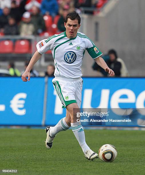 Marcel Schaefer of Wolfsburg runs with the ball during the Bundesliga match between 1. FC Nuernberg and VfL Wolfsburg at Easycredit Stadium on April...