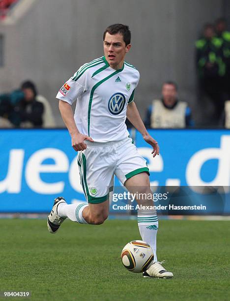 Marcel Schaefer of Wolfsburg runs with the ball during the Bundesliga match between 1. FC Nuernberg and VfL Wolfsburg at Easycredit Stadium on April...