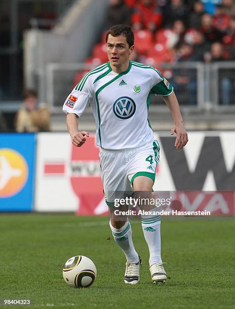 Marcel Schaefer of Wolfsburg runs with the ball during the Bundesliga match between 1. FC Nuernberg and VfL Wolfsburg at Easycredit Stadium on April...