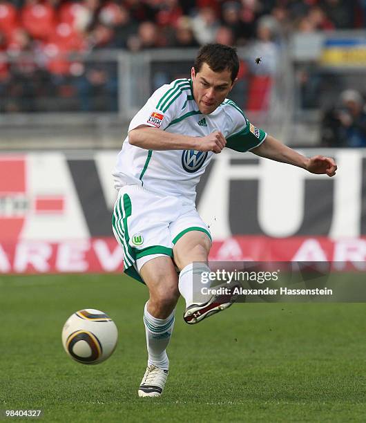 Marcel Schaefer of Wolfsburg runs with the ball during the Bundesliga match between 1. FC Nuernberg and VfL Wolfsburg at Easycredit Stadium on April...