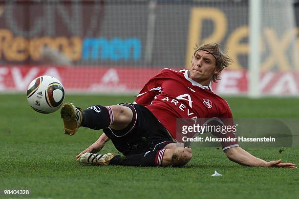 Marcel Risse of Nuernberg battles for the ball during the Bundesliga match between 1. FC Nuernberg and VfL Wolfsburg at Easycredit Stadium on April...