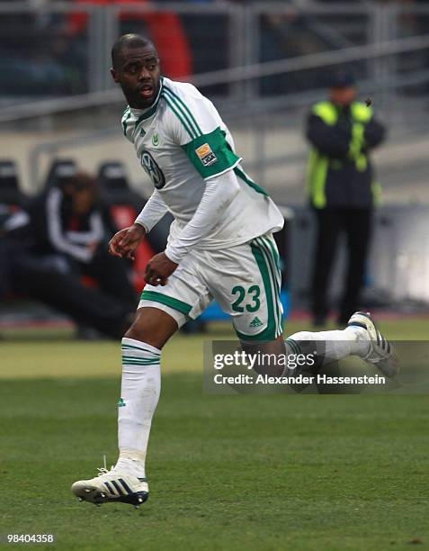 Grafite of Wolfsburg runs with the ball during the Bundesliga match between 1. FC Nuernberg and VfL Wolfsburg at Easycredit Stadium on April 11, 2010...