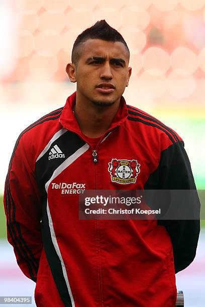 Arturo Vidal of Leverkusen looks on before the Bundesliga match between Bayer Leverkusen and FC Bayern Muenchen at the BayArena on April 10, 2010 in...