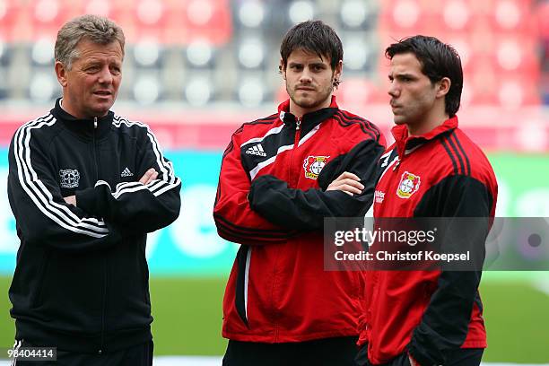 Assistant coach Peter Herrmann, Tranquillo Barnetta and Gonzalo Castro look on before the Bundesliga match between Bayer Leverkusen and FC Bayern...