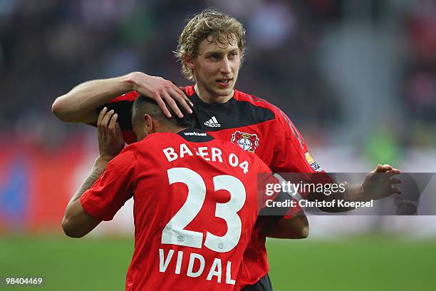 Arturo Vidal of Leverkusen celebrates the first goal with Stefan Kiessling during the Bundesliga match between Bayer Leverkusen and FC Bayern...