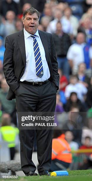 Blackburn Rovers' English manager Sam Allardyce looks on during the English Premier League football match between Blackburn Rovers and Manchester...