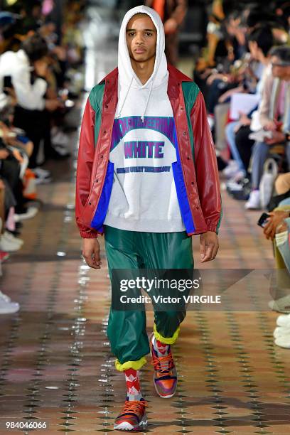 Model walks the runway during the White Mountaineering Menswear Spring/Summer 2019 fashion show as part of Paris Fashion Week on June 23, 2018 in...