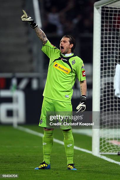 Logan Bailly of Gladbach issues instructions during the Bundesliga match between Borussia Moenchengladbach and Eintracht Frankfurt at Borussia Park...