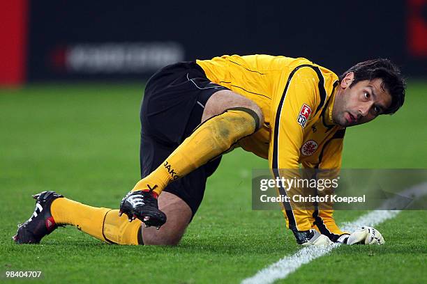 Oka Nikolov of Frankfurt knees on the pitch during the Bundesliga match between Borussia Moenchengladbach and Eintracht Frankfurt at Borussia Park on...