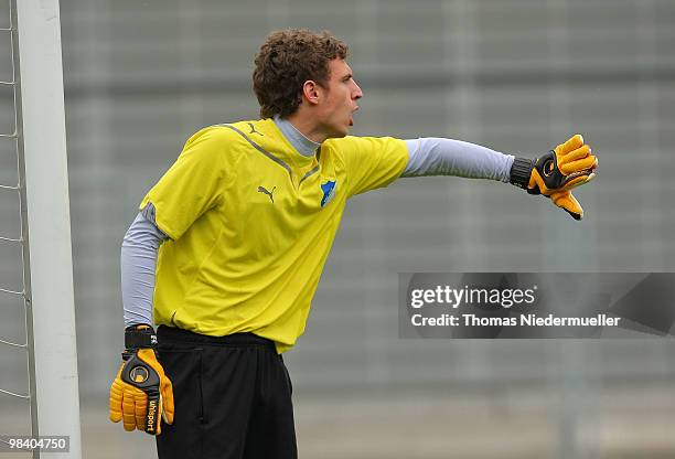 Goalkeeper Daniel Straehle gestures during the DFB Juniors Cup half final between TSG 1899 Hoffenheim and FC Energie Cottbus at the Dietmar-Hopp...