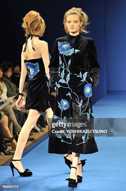 Model displays a mink coat with embroidery during the 2010/2011 Royal Chie fur collection, designed by Chie Imai at a Tokyo hotel on April 12, 2010....